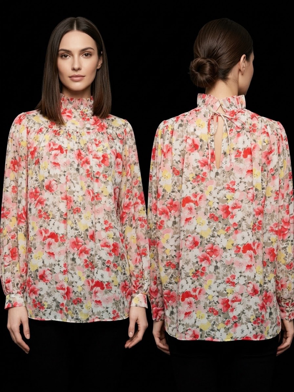 Coral Pink Floral Ruffle-Neck Blouse